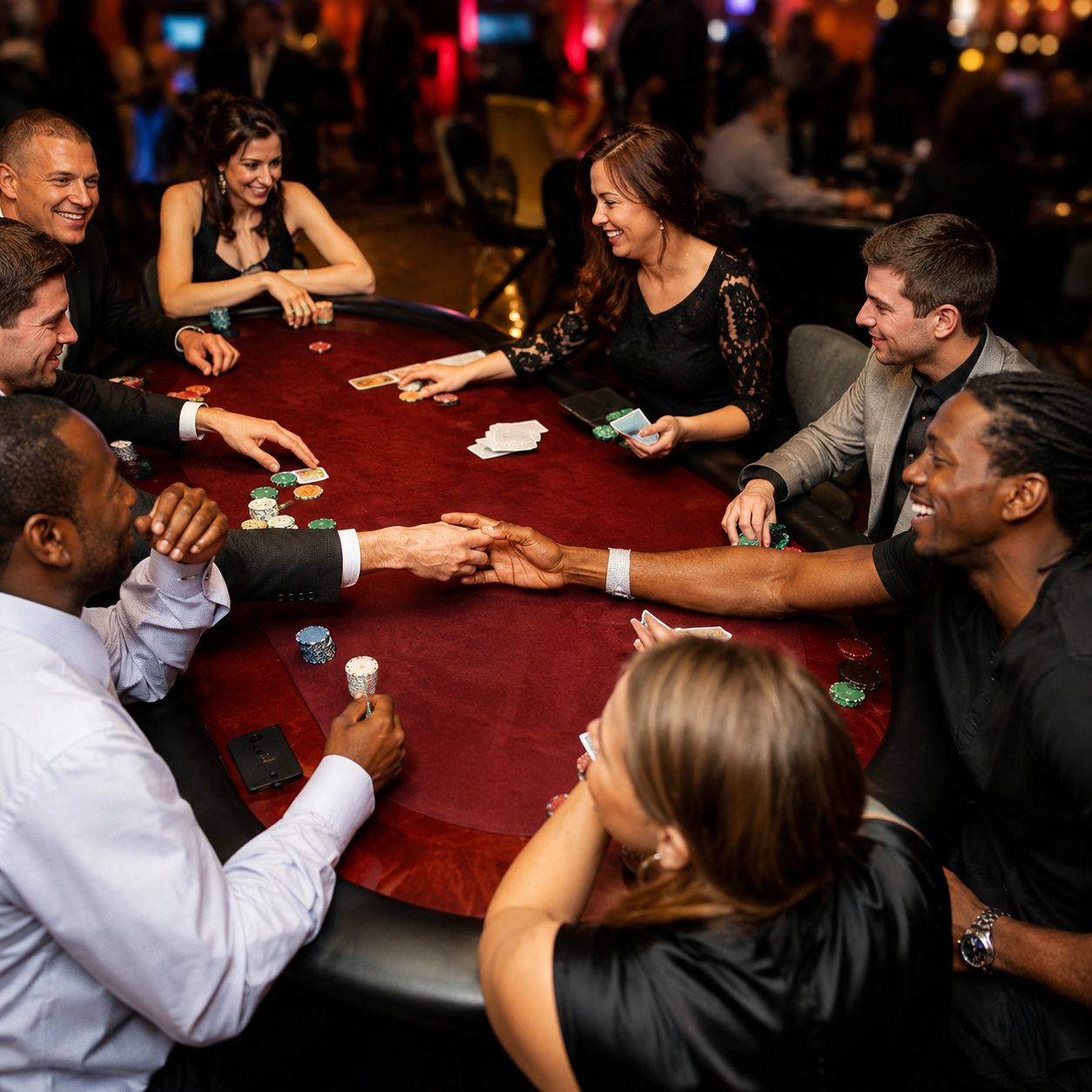 Close-up of a blackjack table with chips and cards during a live casino event