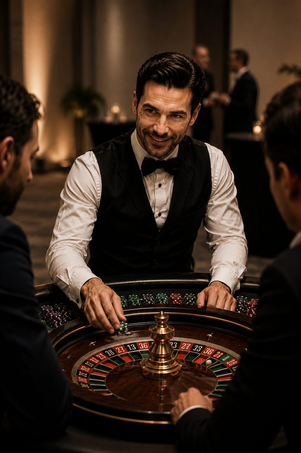 Professional casino dealer at a poker table during a live event